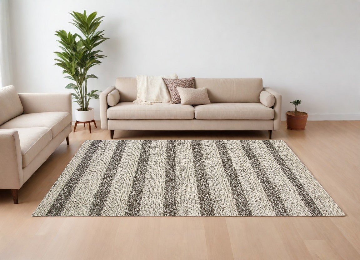 9' X 13' Brown Gray And Ivory Wool Striped Hand Woven Area Rug-0