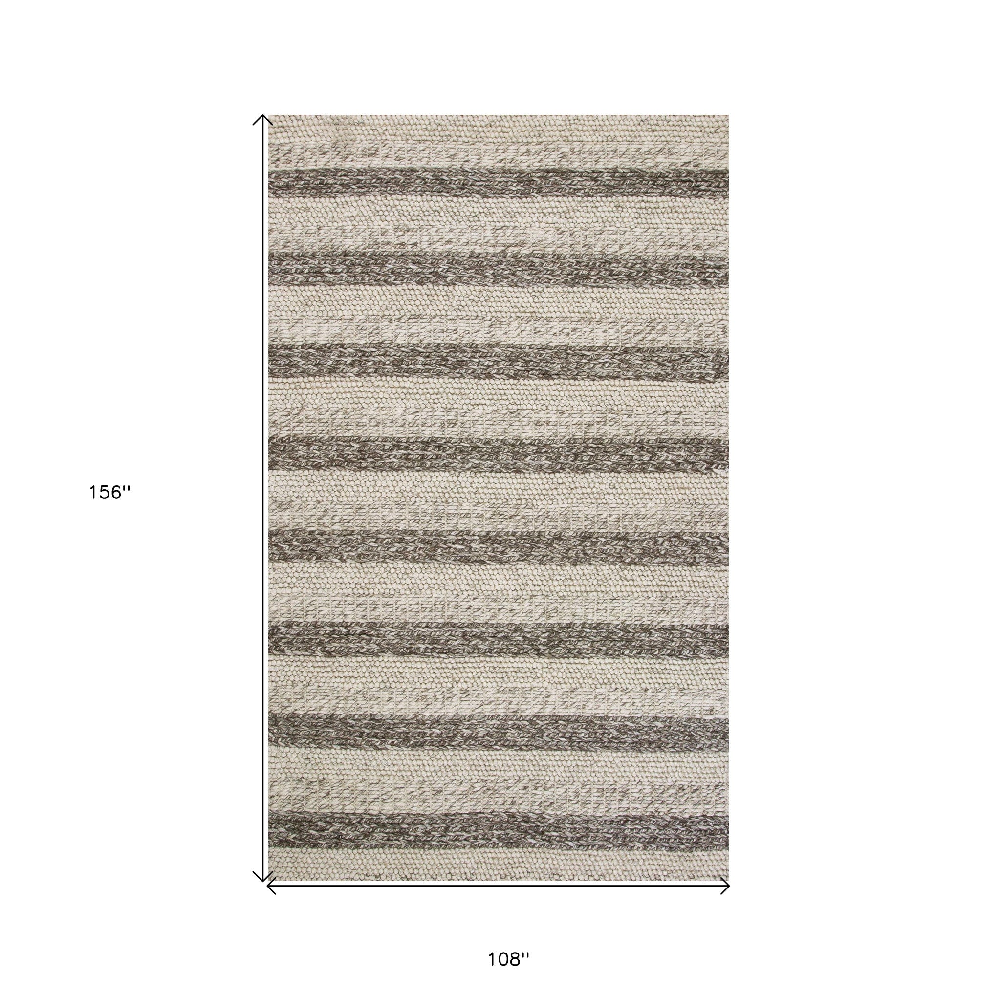 9' X 13' Brown Gray And Ivory Wool Striped Hand Woven Area Rug-2