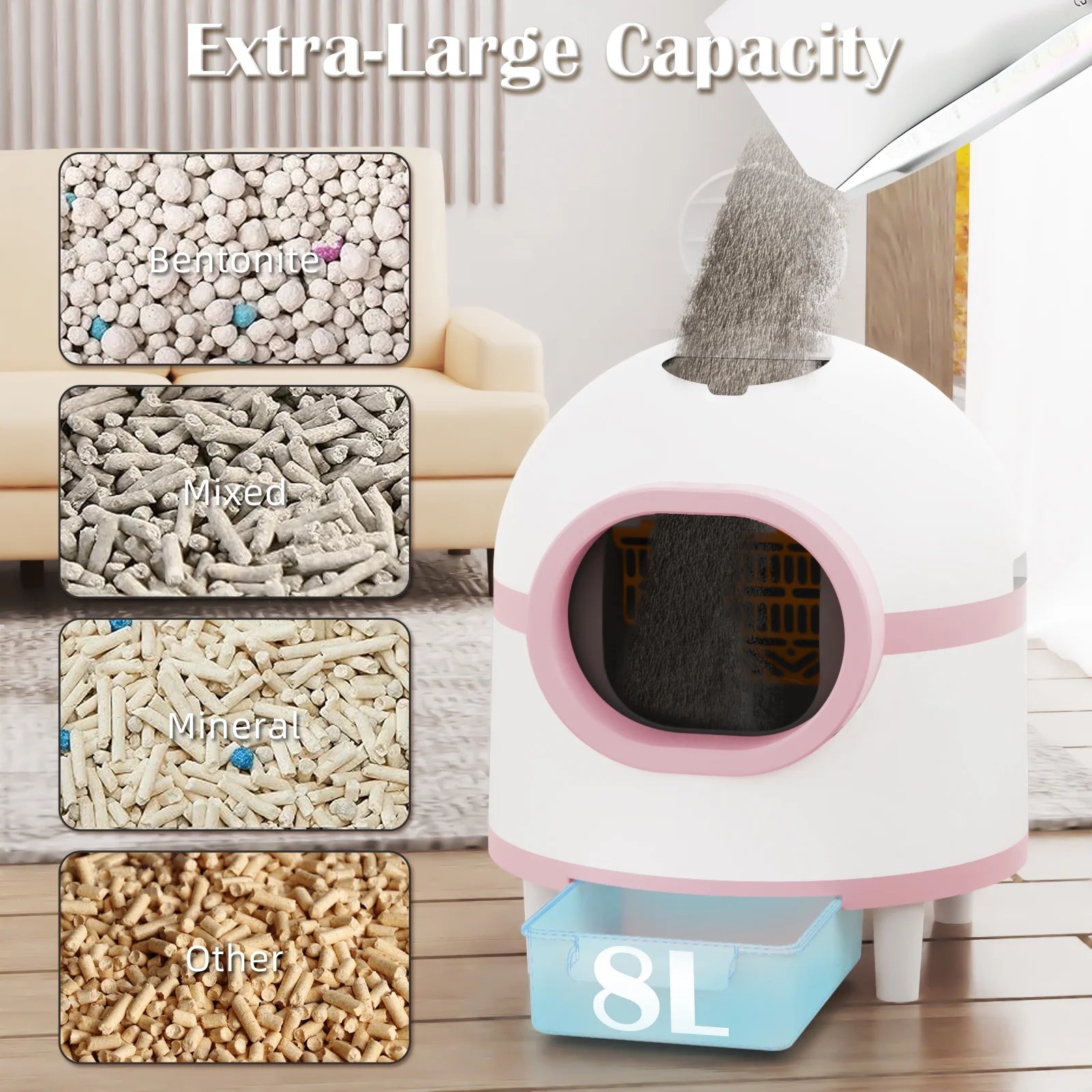 Self Cleaning Litter Box, Automatic Cat Litter Box Self Cleaning Large Capacity for Multiple Cats, App-Controlled with Safety Sensors,1 Rolls Garbage Bags,Pink