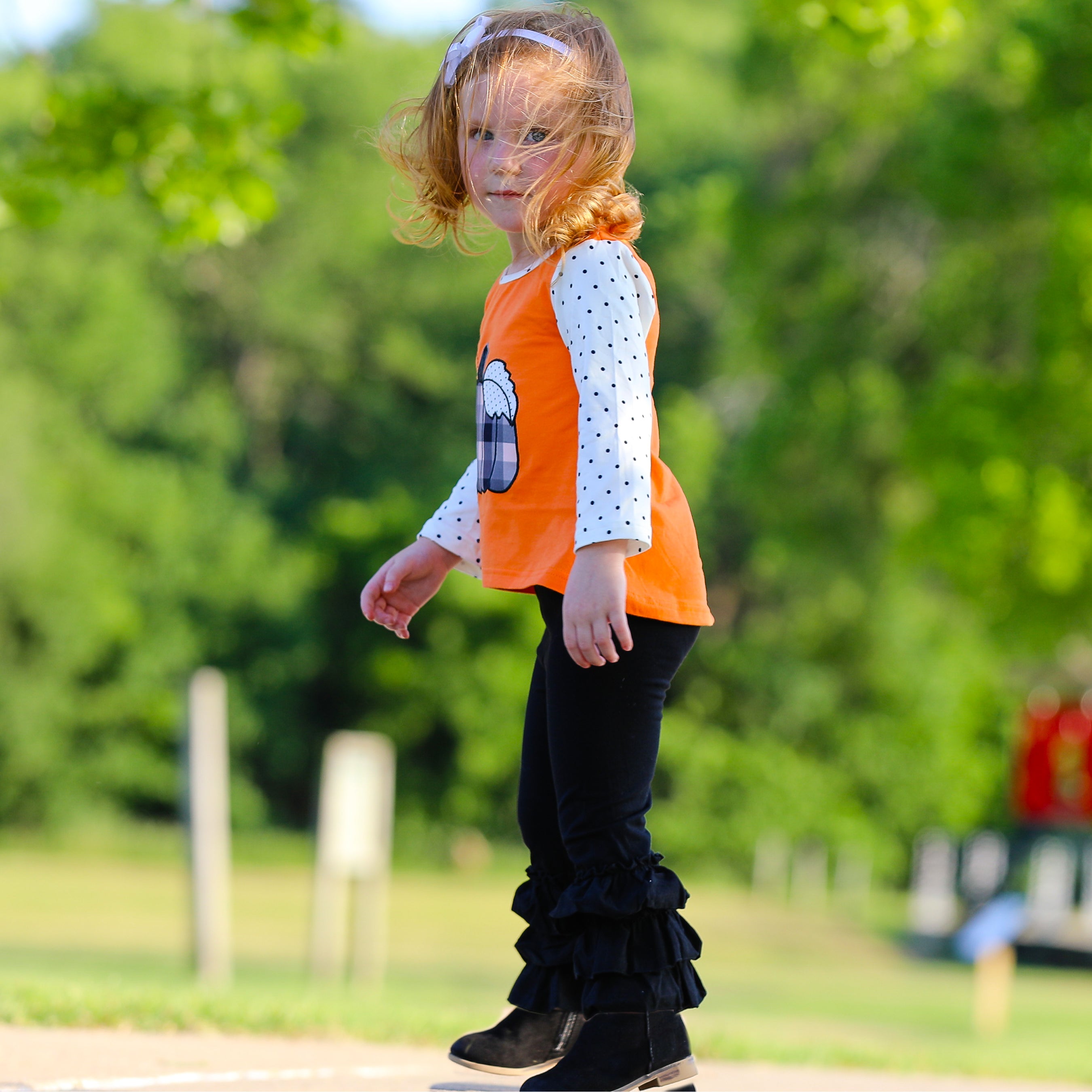 Girls Orange Pumpkin Top & Black Ruffle Pants Halloween Thanksgiving Ouitfit-4