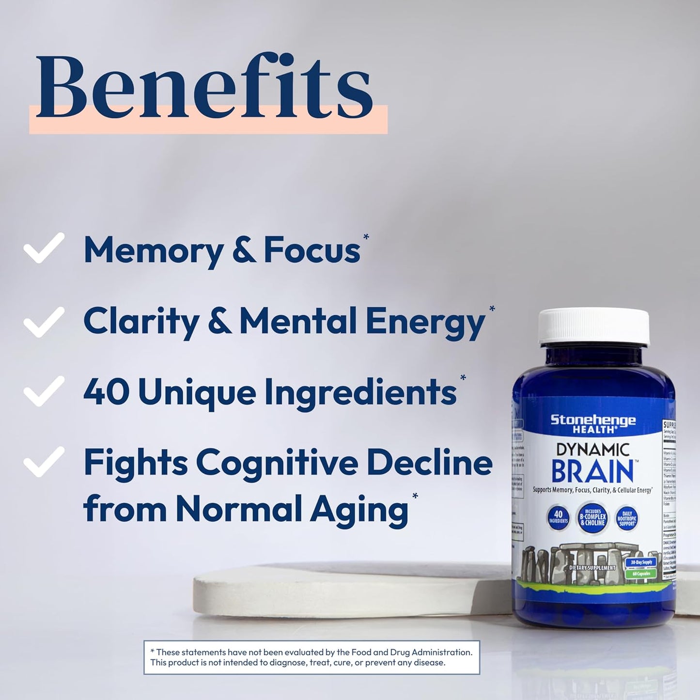 Stonehenge Health Dynamic Brain Supplement – Memory, Focus Mental Clarity | 60 Capsules