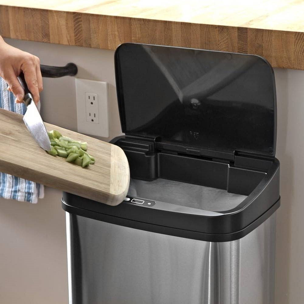 Silver/Black 13-Gallon Stainless Steel Kitchen Trash Can with Motion Sensor Lid-1