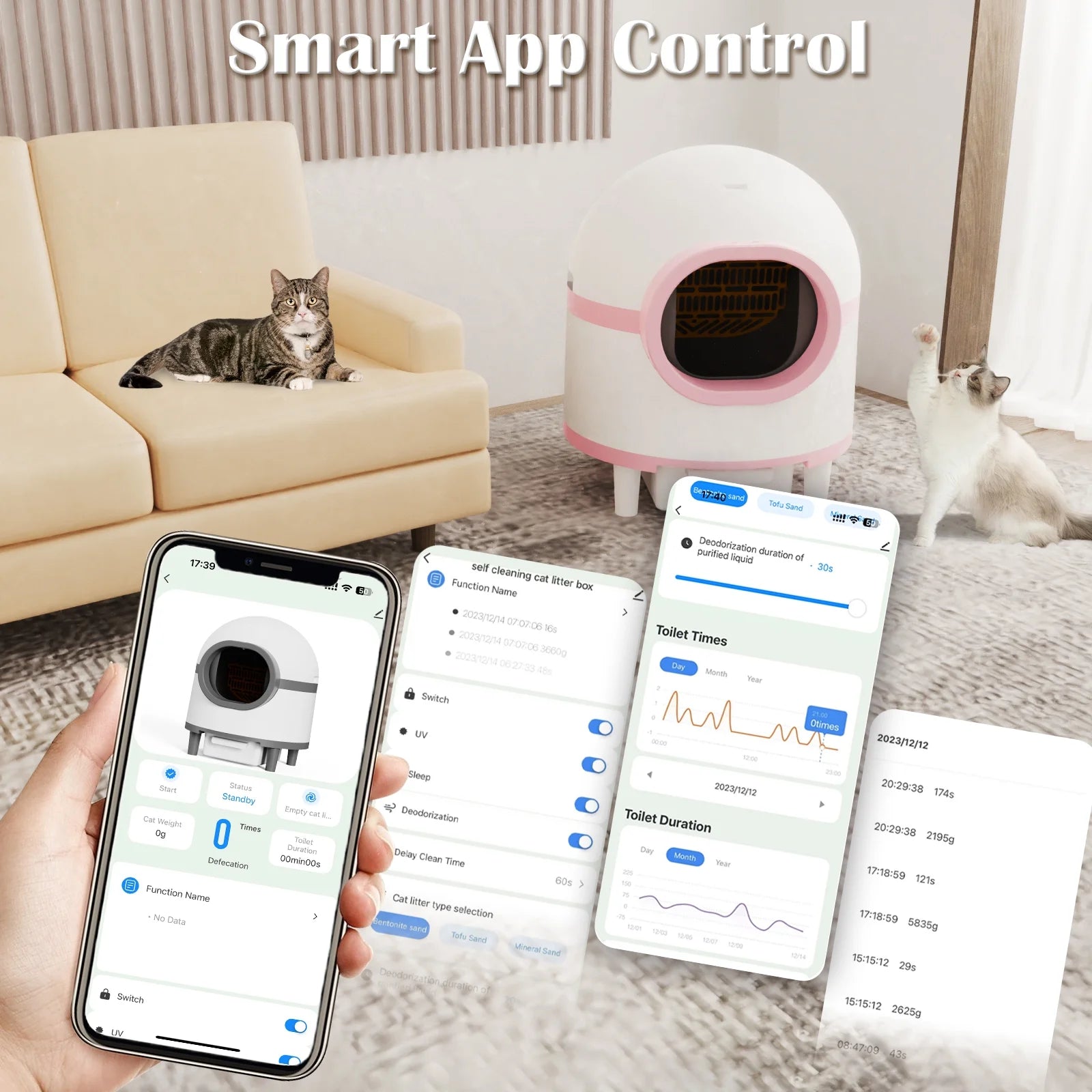 Self Cleaning Litter Box, Automatic Cat Litter Box Self Cleaning Large Capacity for Multiple Cats, App-Controlled with Safety Sensors,1 Rolls Garbage Bags,Pink