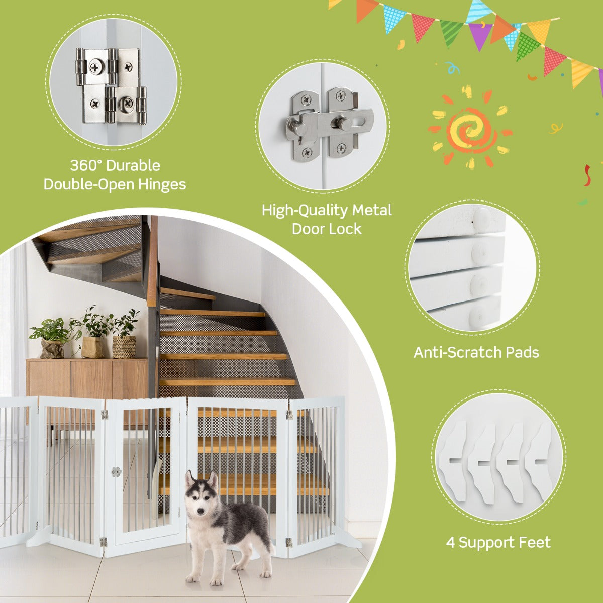 NNECW Freestanding 6-Panel Dog Gate with Stainless Steel for Pet-2